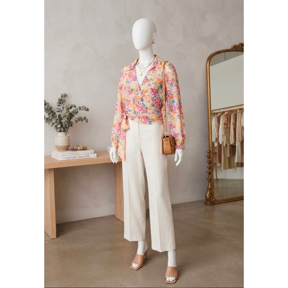 W5 Bright Floral Wrap Top Long Sleeve Collared Blouse Multicolored Size M